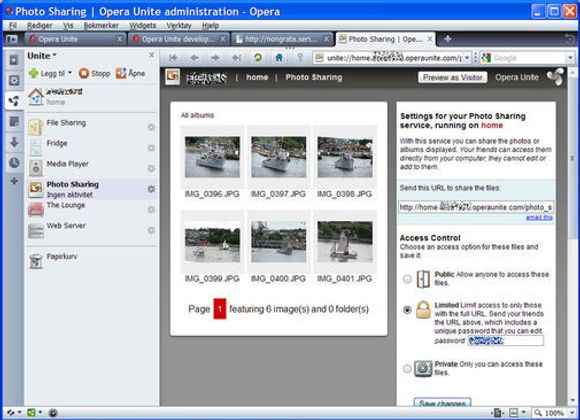 Fotodelingen i Opera Unite. Til høyde kan man velge hvem som skal få tilgang til filene.