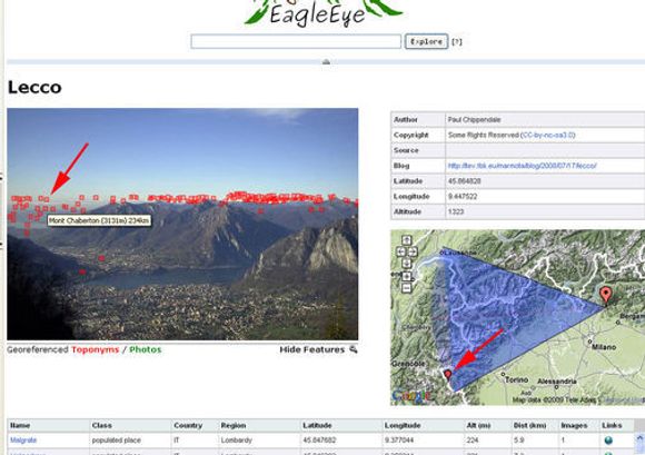 Bilde av EagleEye-tjenesten. Pilene peker på det samme objektet, men vist på to helt forskjellige måter.