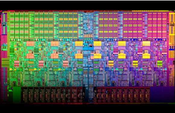 Intel elsker å fotografere innmaten i sine prosessorer i dramatiske farger. Dette er en sekskjernet Xeon 5600. <i>Bilde: Intel</i>