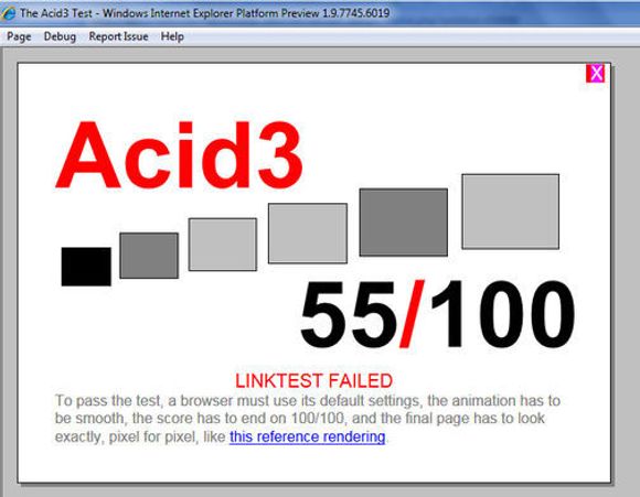 Testversjonen av IE9 greier 55 av 100 deltester i Acid3-testen.