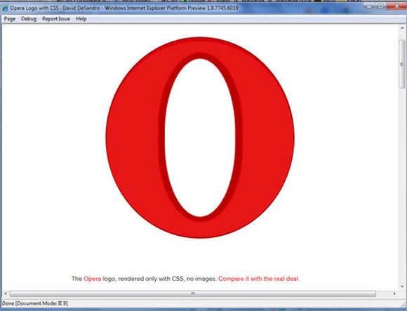 Den CSS-baserte Opera-logoen vist i testversjonen av IE9