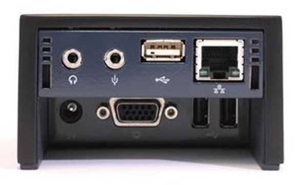 Baksiden til Pano Logics nullklient viser de mulige koplingene: Lyd ut (to kanaler), mikrofon, USB 2.0 (den interne USB-huben kan ta opptil fire utganger), Ethernet og skjerm. <i>Bilde: Ninos Oshaana</i>
