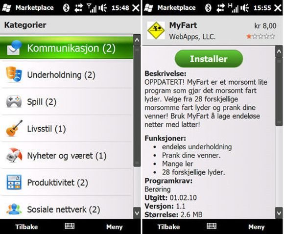 Windows Marketplace med norsk Windows Mobile 6.5.