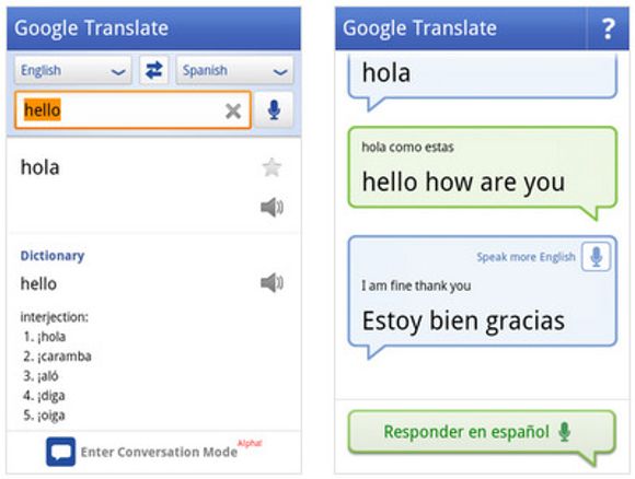 «Conversation mode er en ny funksjon i Google Translate til Android. Den oversetter tale mellom engelsk og spansk i sanntid, og leser opp samtalen fortløpende.