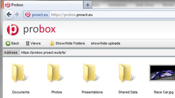 Integrert WebDAV innebærer at Probox er tilgjengelig også på pc-er, nettbrett og mobiltelefoner uten egen app eller klient. Her vises Proacts egne Probox-mapper i en nettleser på en pc.