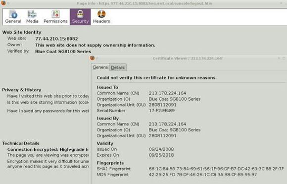 Blue Coat SSL-sertifikat fra server i Syria. <i>Bilde: Reflets.info</i>