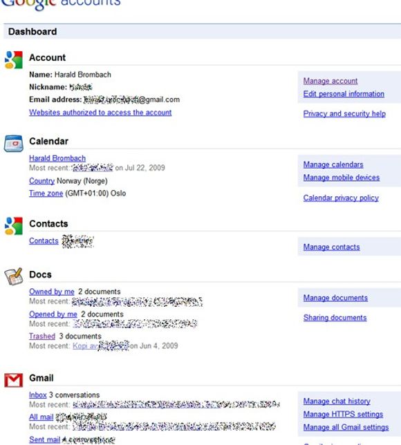 Google Dashboard viser data og statistikk fra en rekke Google-tjenester, blant annet de som vises her.