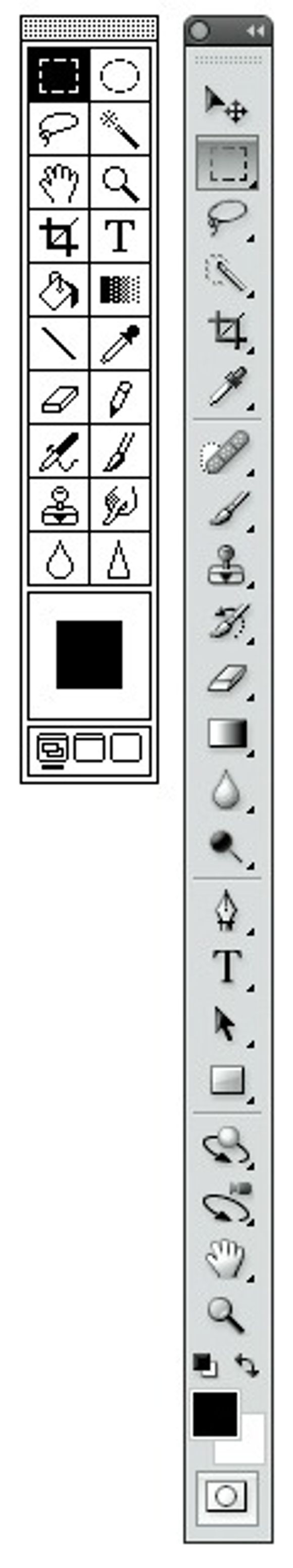 Verktøylinjene til Adobe Photoshop 1.0 (til venstre) og CS4 <i>Bilde: Adobe</i>