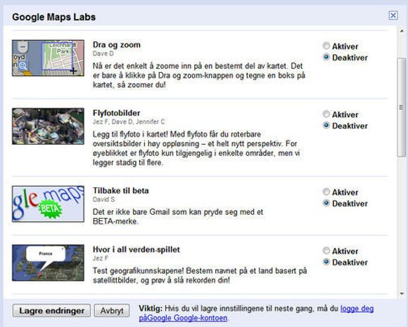 Deler av kontrollpanelet for den eksperimentelle Google Maps Labs-funksjonaliteten.