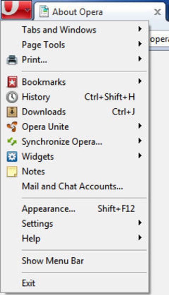 Menyene i Opera 10.50 har blitt samlet i den nye O-fanen.
