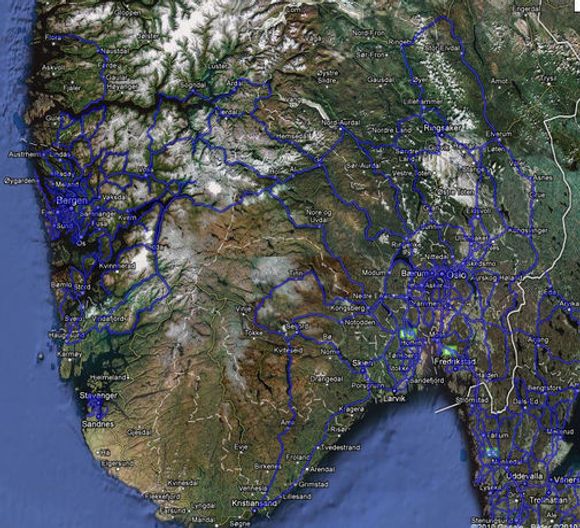 Dekningsområdet til Google Street View i Norge ved lanseringen.