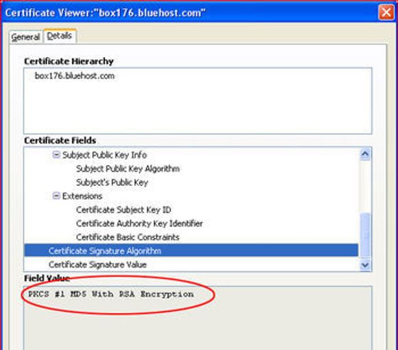 Alle vanlige nettlesere kan vise informasjon om digitale sertifikater. På bildet vises informasjon om et MD5-basert sertifikat i verktøyet i Firefox 3.