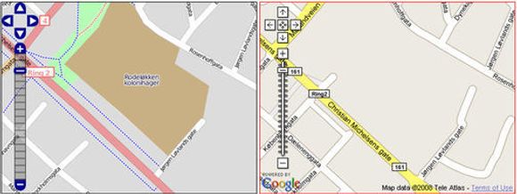 Sammenligning mellom OpenStreetMap og Google Maps fra Rodeløkka i Oslo.