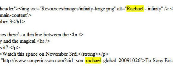 Rachael-referanser i HTML-koden til webside på sonyericsson.com.