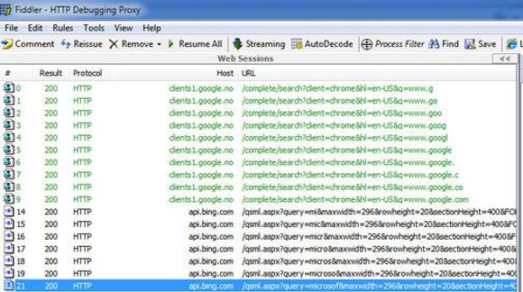 Liste over HTTP-spørringer som sendes fra henholdsvis Google Chrome og IE8, registrert av Fiddler. Punktene 0 til 9 er sendt av Chrome, mens 14 til 21 er sendt fra IE8. Spørringene i punktene som ikke vises på listen, er sendt fra andre applikasjoner på pc-en.