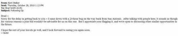 E-post til Microsofts Brad Smith hvor Googles Kent Walker takker nei til å kjøpe Novell-patenter sammen med Microsoft. <i>Bilde: Microsoft v/Frank X. Shaw</i>