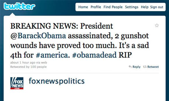 Hacket: Twitter-meldingene om at den amerikanske presidenten er skutt er falske, melder flere medier. <i>Bilde: Twitter.com</i>