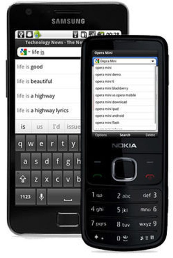 Opera Mobile 11.1 og Opera Mini 6.1 med søkeforslag fra Google. <i>Bilde: Opera Software</i>