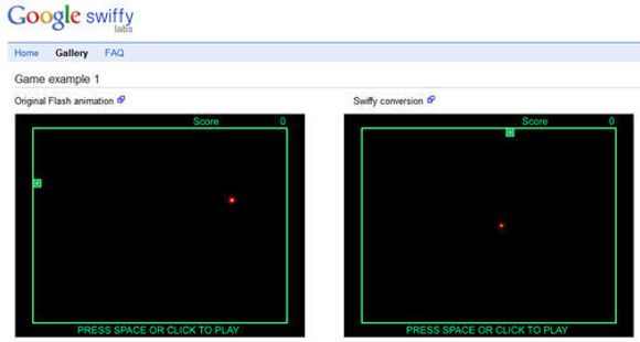 En versjon av spillet Snake vis i Google Chrome. Flash-utgaven til venstre og Swiffy-utgaven til høyre.