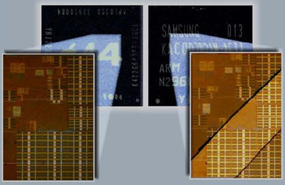 Apples A4-prosessor til venstre, Samsungs S5PC110A01-prosessor til høyre. <i>Bilde: UBM TechInsights</i>