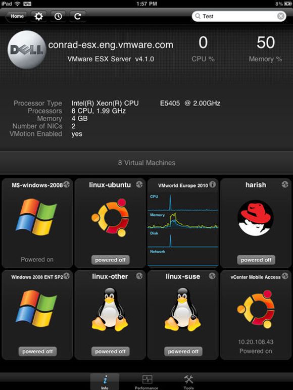 Oversikt over en ESX-server med åtte virtuelle maskiner. <i>Bilde: VMware</i>