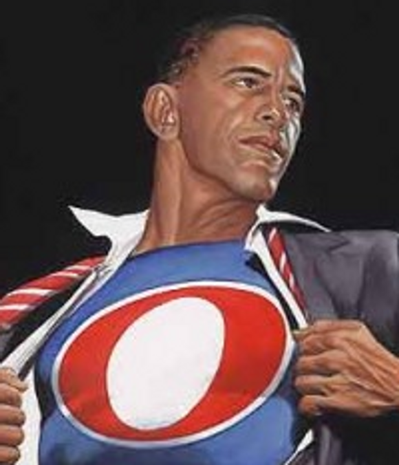 Barrack Obama med «Opera-logo» på brystet.