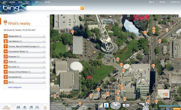 Microsofts Bing Maps Beta. Bildet er fra Seattle, rett i nærheten av Space Needle. Her er «What&#039;s nearby»-applikasjonen aktivert.