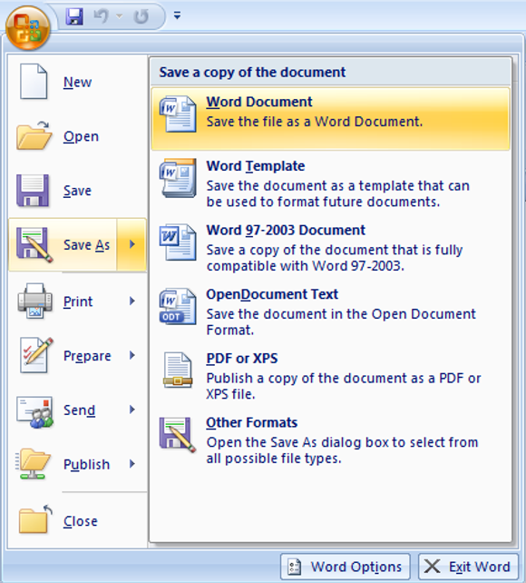 Lagringsvalgene i Word 2007 SP2.