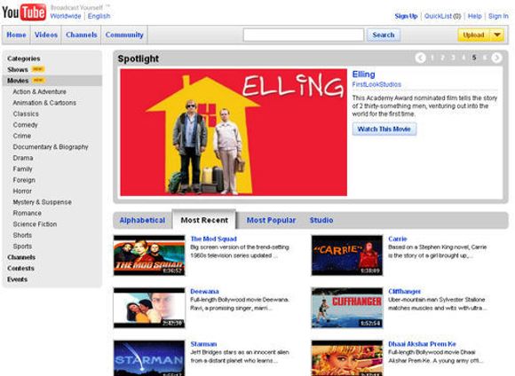 Norske «Elling» er blant filmene som nå tilbys på Youtube, men bare i USA.