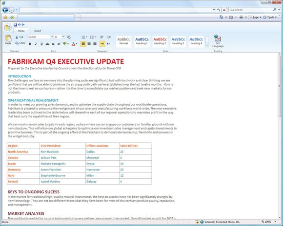 Redigering i tidlig utgave av Microsoft Office Web Word
