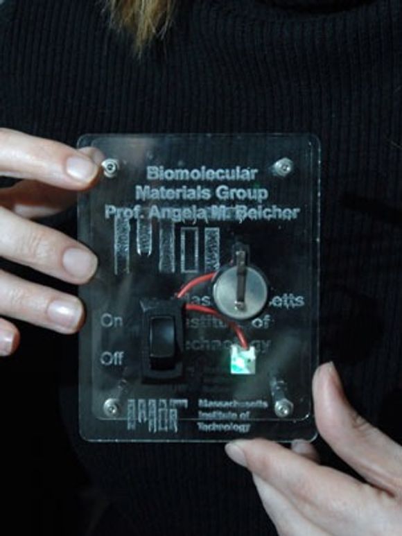 Det virusbygde batteriet er den sølvfargede skiven på bildet, hvor batteriet driver en LED. Foto: Donna Coveney <i>Bilde: Donna Coveney</i>