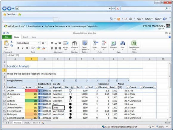 Microsoft Office Excel Web App i Internet Explorer.