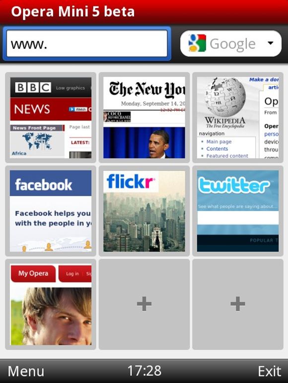 Opera Mini 5 beta - startsiden med Speed Dial.
