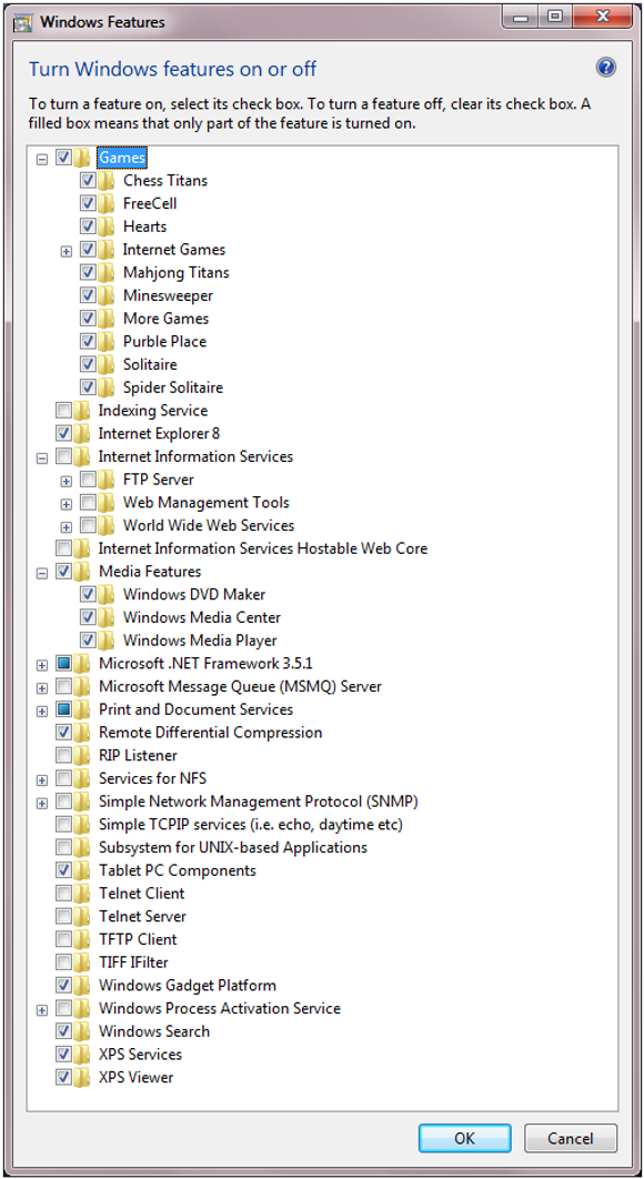 Windows-funksjonalitet som kan skrus av eller på i Windows 7.