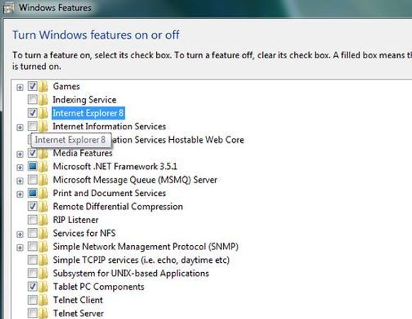 Her kan Internet Explorer skrus av i en uferdig utgave av Windows 7.
