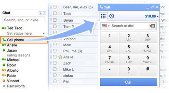 Med den nye Gmail-integrerte tjenesten kan man ringe til vilkårlige numre, til Gmail-kontaktene eller ved å klikke på telefon nummer oppgitt på websider. <i>Bilde: Google</i>