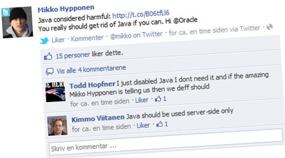 Du bør snarest kvitte deg med Java på maskinen. Hvis du kan, skriver Mikko Hyppönen i diverse sosiale nettjenester. <i>Bilde: Facebook</i>