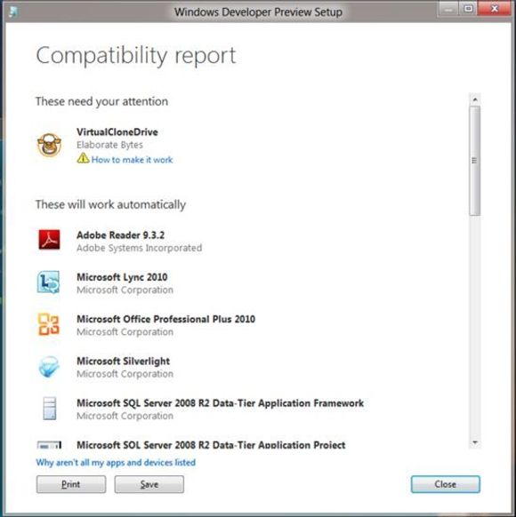 Ved oppgradering til Windows 8, skal installasjonsprogramvaren vise en oversikt over applikasjoner som trenger litt ekstra oppmerksomhet for å fungere i Windows 8. Problemene skal kunne løses av brukeren uten at installasjonsprosessen må startes på nytt. <i>Bilde: Microsoft</i>
