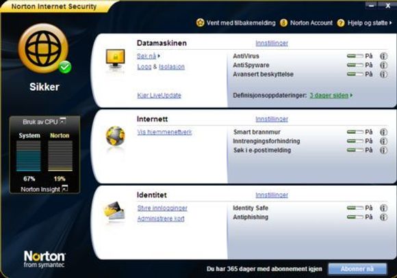 Hovedskjermbildet i Norton Internet Security informerer også om belastningen på pc-en.