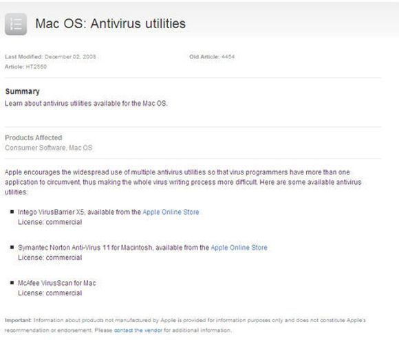 Apple supportside om antivirusverktøy fra 2. desember 2008. Siden er nå fjernet.