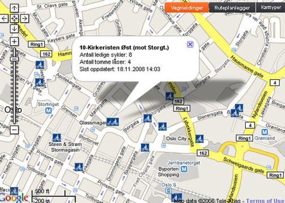 Trafikkflyt.no viser informasjon fra sensorer i bysykkelstativene i Oslo.
