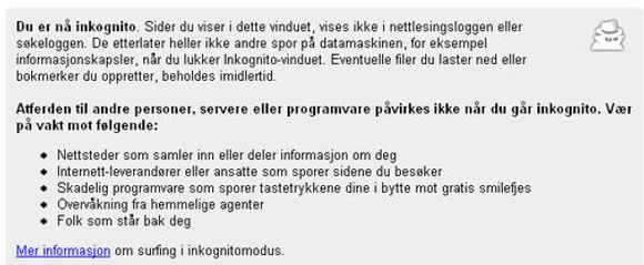 Informasjon som vises når man entrer Inkognitor-modus.