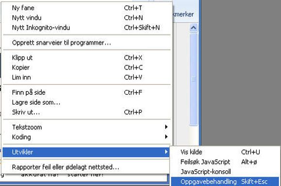 Vindusmeny i Chrome, samt Utvikler-seksjonen.