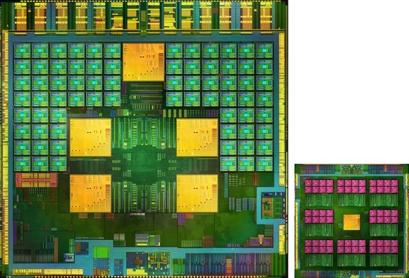 Nvidia Tegra 4 innvendig, her sammen med hjelpebrikken Icera I500. <i>Bilde: Nvidia</i>