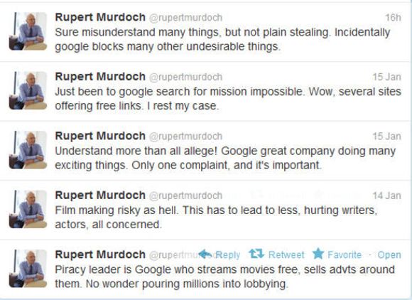 Murdoch går rett i klingen på Google på Twitter.
