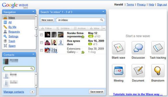 Brukergrensesnittet i Google Wave per mai 2010.