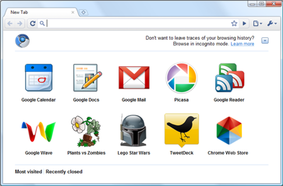 Snarveier til installerte webapplikasjoner vises på faneforsiden i Google Chrome. <i>Bilde: Google</i>