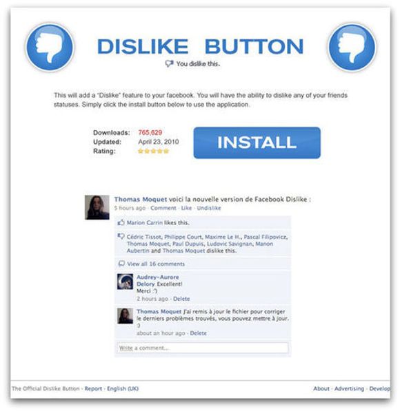 Installasjon av falsk Dislike-knapp i Facebook. <i>Bilde: Sophos</i>