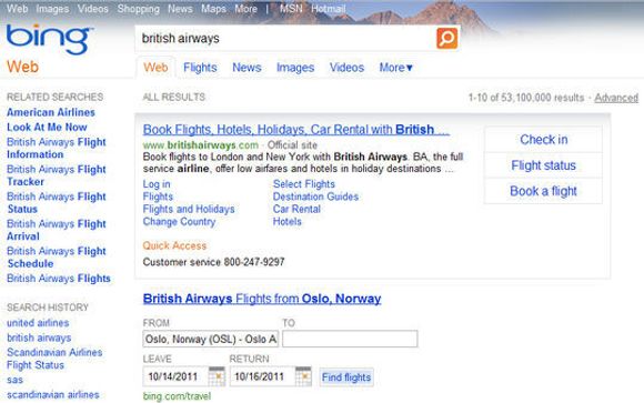 Action-knappene viser til høyre i et søk etter British Airways på den amerikanske utgaven av Bing.