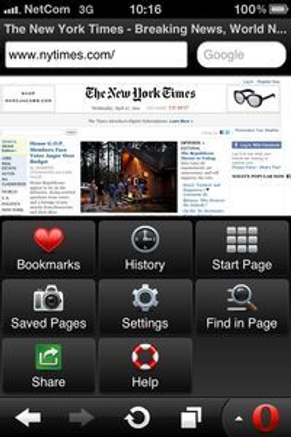 Menyen til Opera Mini 6 på en iPhone 4. <i>Bilde: Opera Software</i>